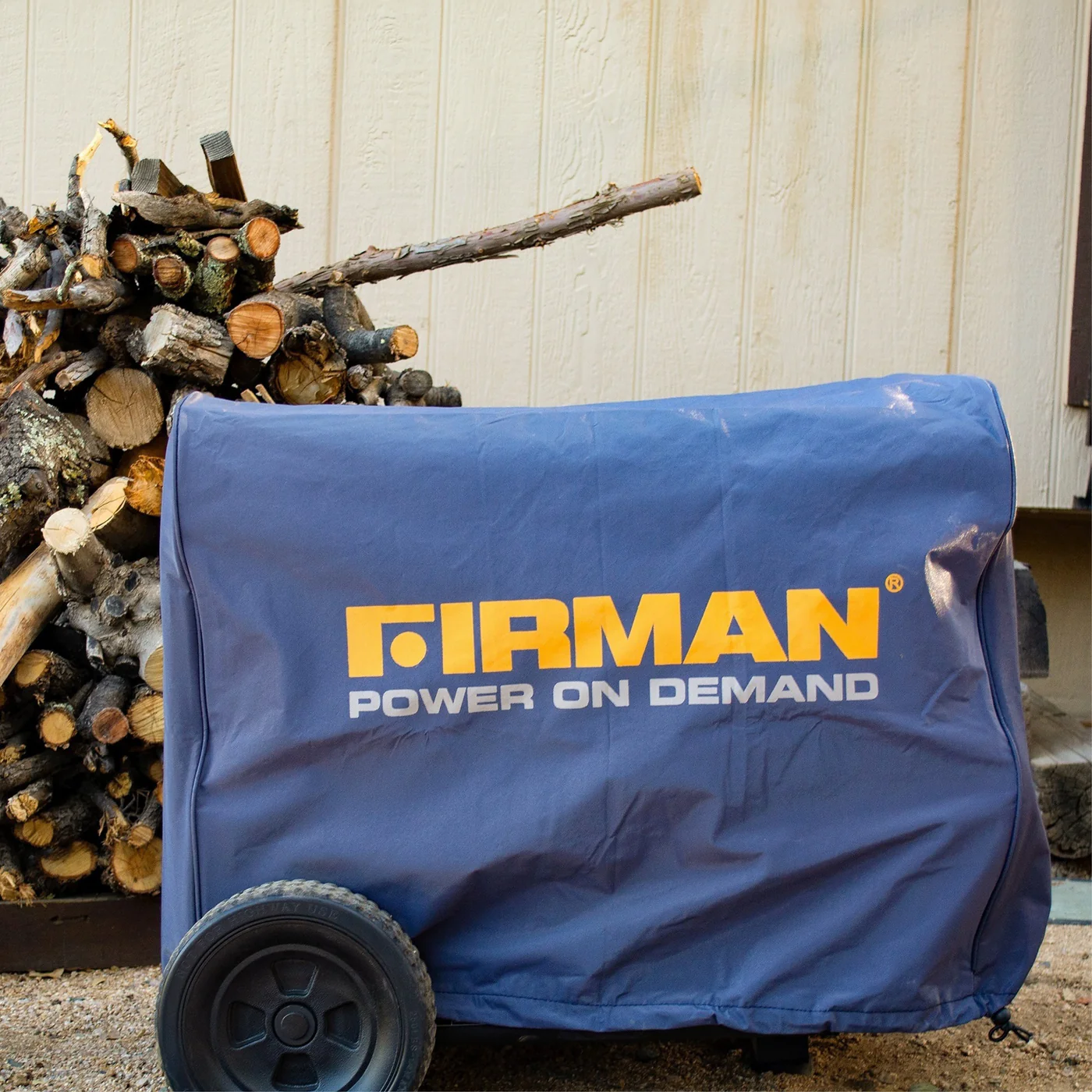 Large generator covered with a protective cover installed outdoors for weather protection